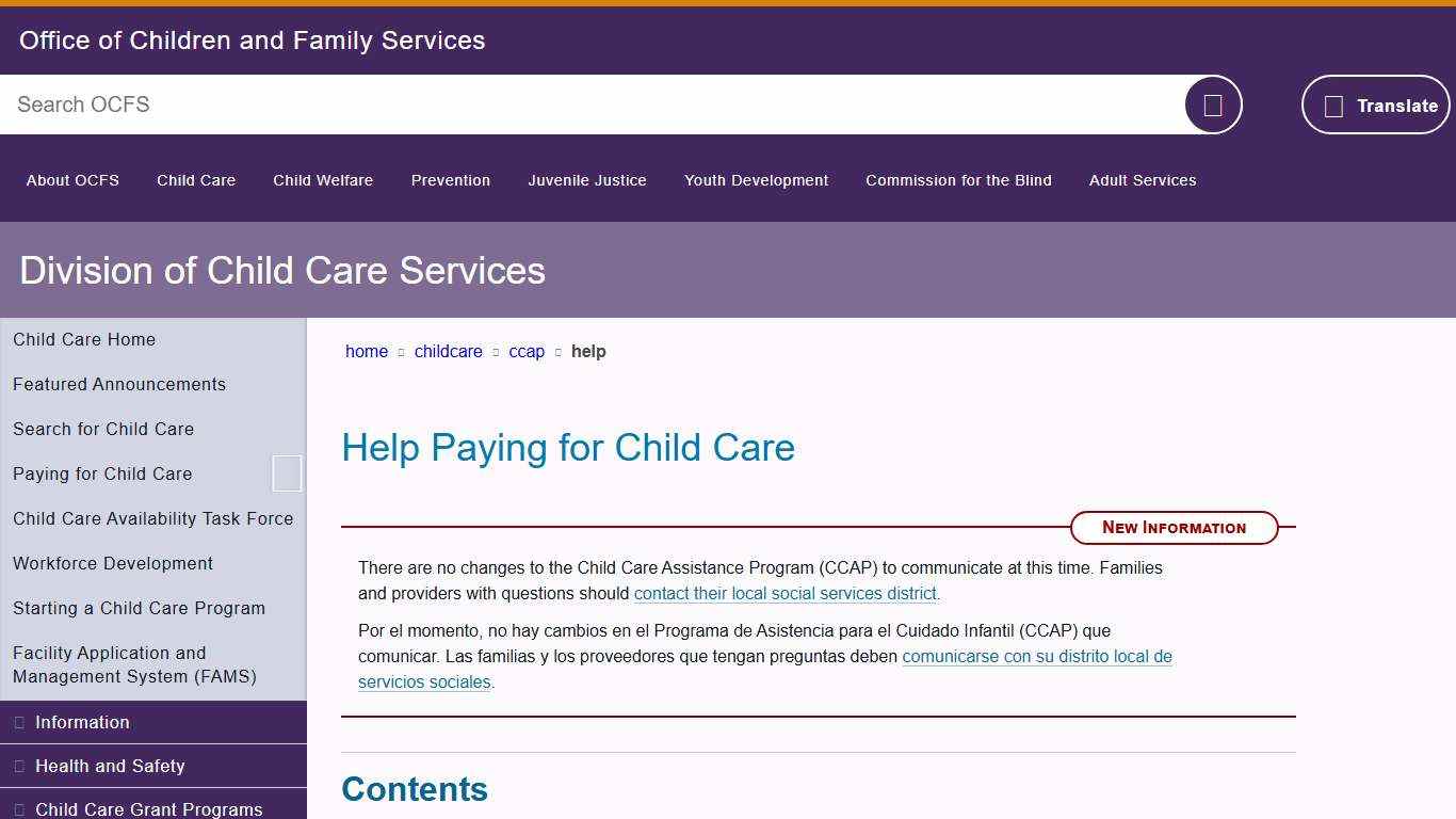 Help Paying for Child Care Division of Child Care Services Office of Children and Family Services